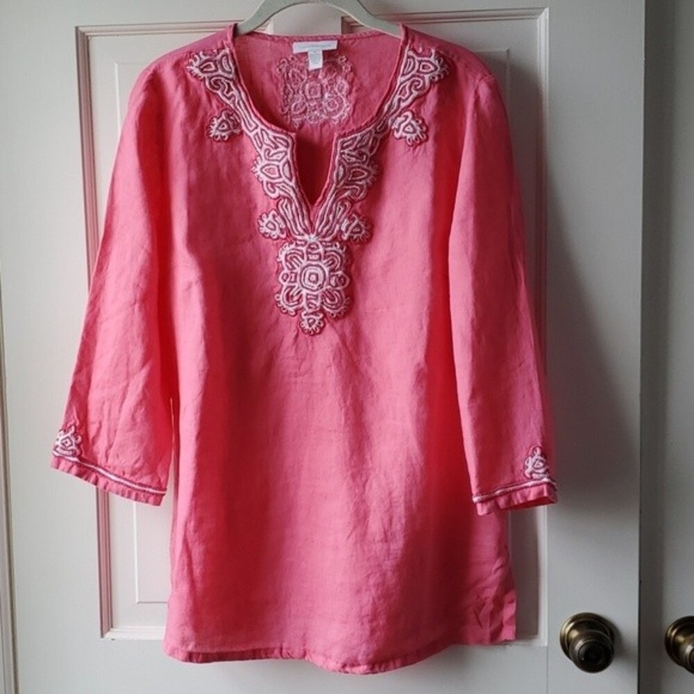 CHARTER CLUB PINK LINEN BEADED TUNIC MEDIUM COASTAL BEACHY PREPPY